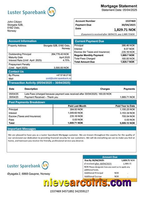 Norway Luster Sparebank mortgage statement Word and PDF template
